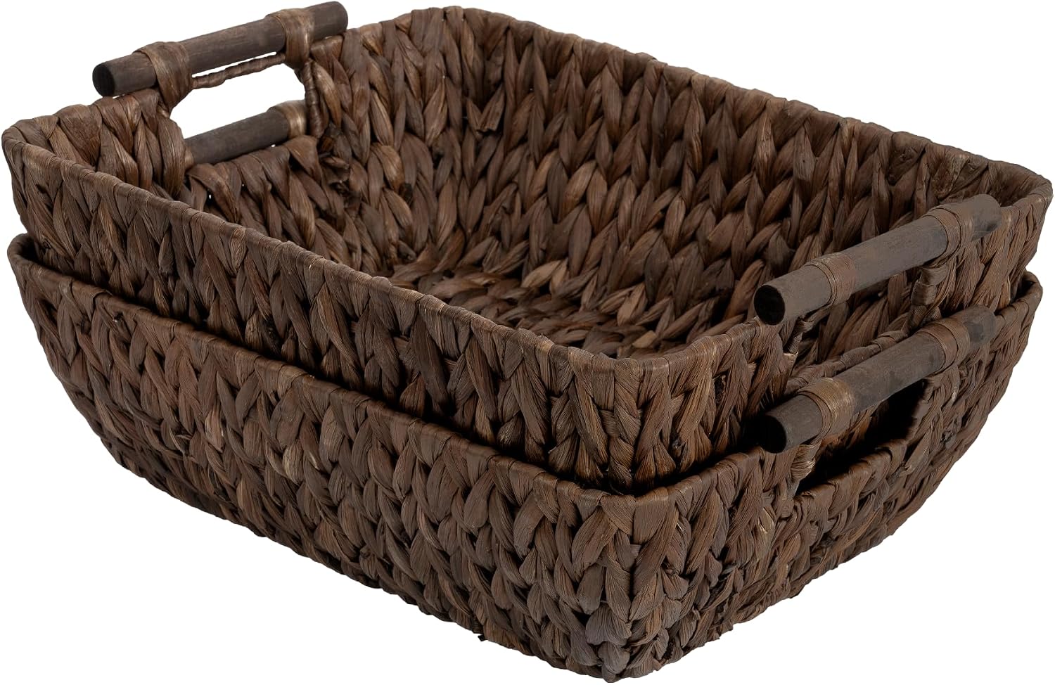 Hand-Woven Large Storage Baskets with Wooden Handles, Water Hyacinth Wicker Baskets for Organizing