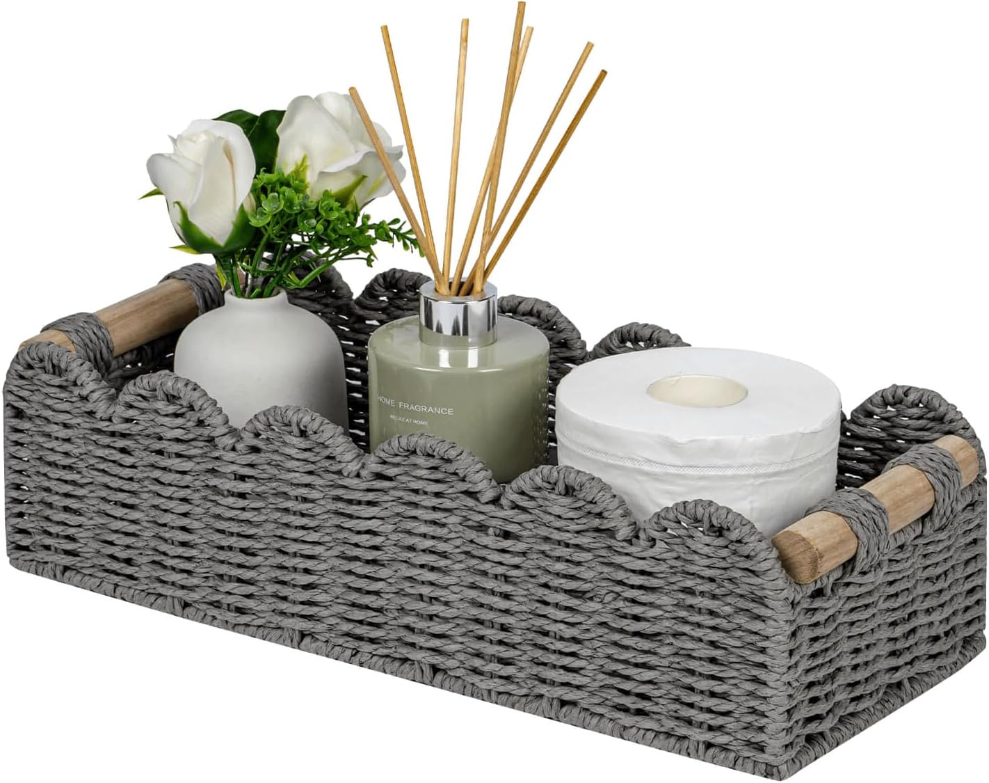 Scalloped Edge Toilet Paper Storage Basket, Living Room Home Cozy Decor Basket, Paper Rope Small Baskets for Over Toilet Storage Shelf, End Table, Shelves, with 2 Wooden Handles, Grey