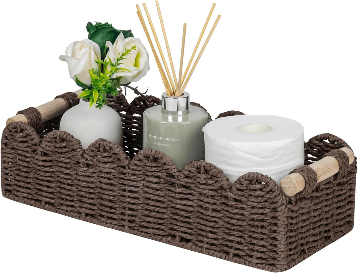Scalloped Edge Toilet Paper Storage Basket, Living Room Home Cozy Decor Basket, Paper Rope Small Baskets for Over Toilet Storage Shelf, End Table, Shelves, with 2 Wooden Handles, Grey