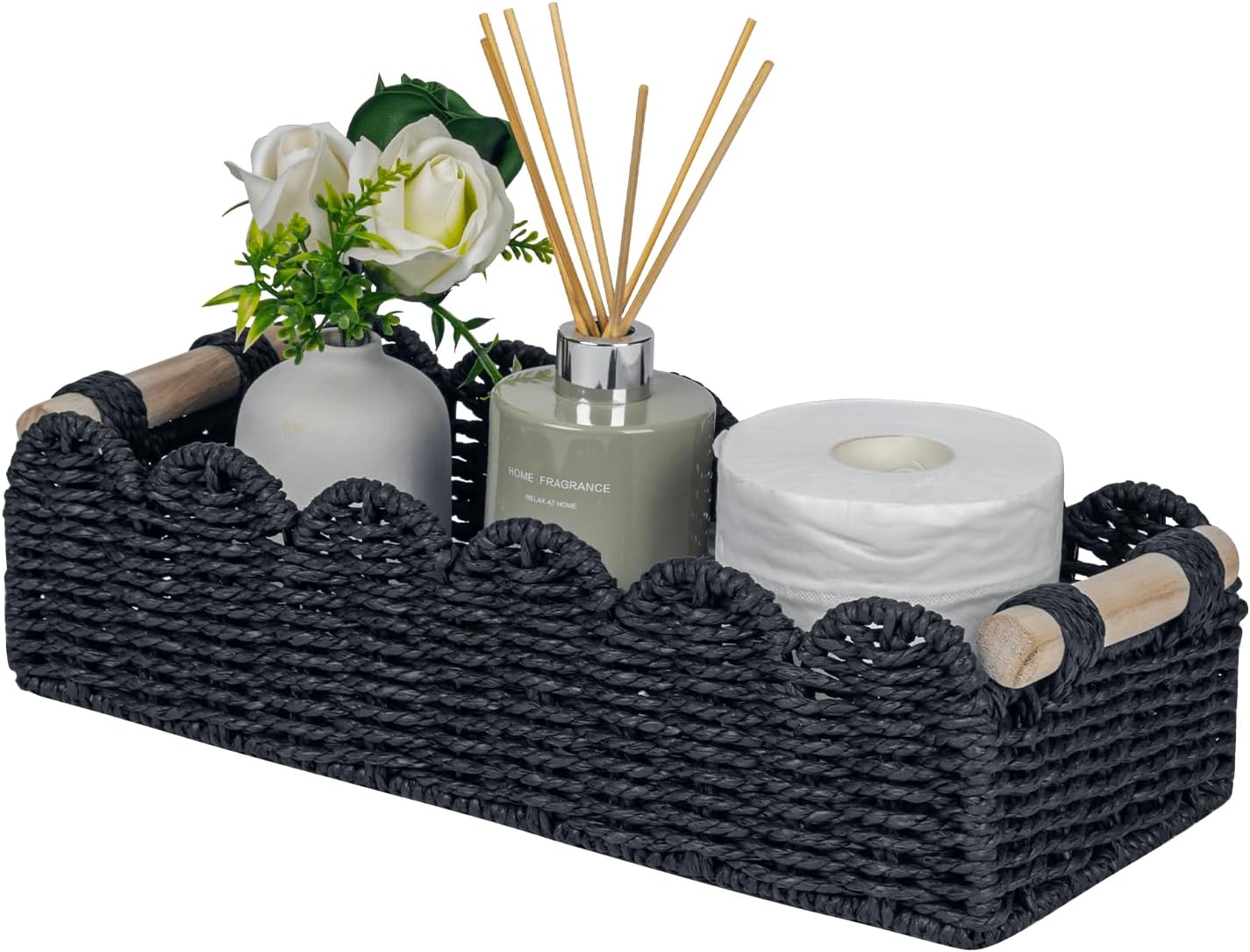Scalloped Edge Toilet Paper Storage Basket, Living Room Home Cozy Decor Basket, Paper Rope Small Baskets for Over Toilet Storage Shelf, End Table, Shelves, with 2 Wooden Handles, Grey