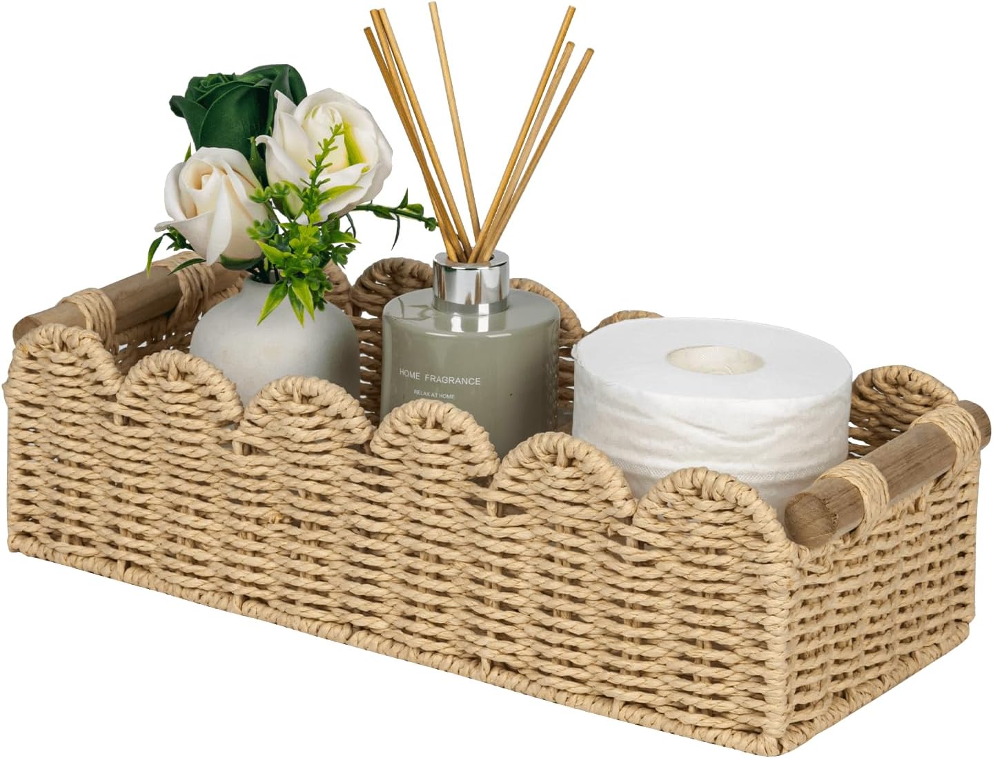 Scalloped Edge Toilet Paper Storage Basket, Living Room Home Cozy Decor Basket, Paper Rope Small Baskets for Over Toilet Storage Shelf, End Table, Shelves, with 2 Wooden Handles, Grey