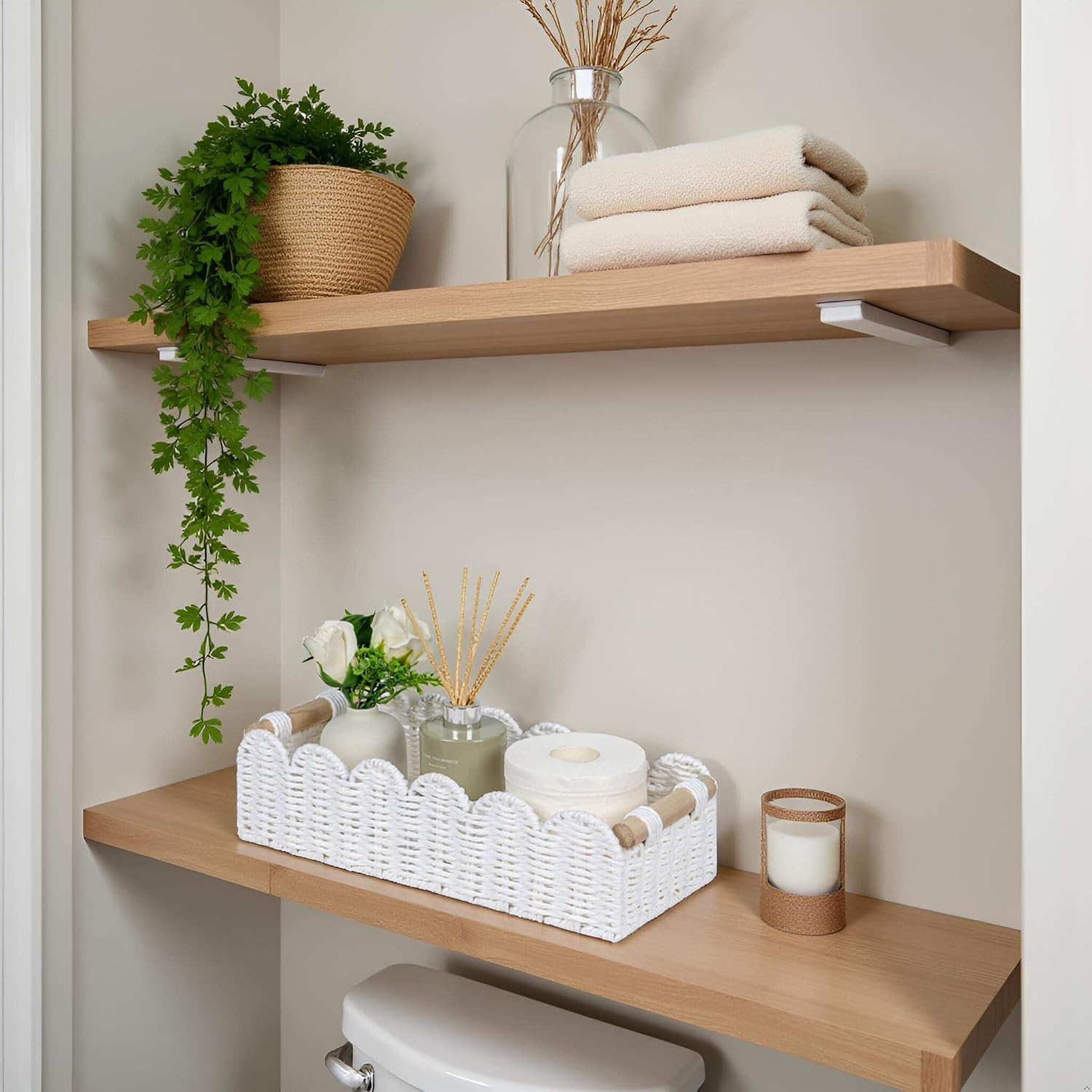 Scalloped Edge Toilet Paper Storage Basket, Living Room Home Cozy Decor Basket, Paper Rope Small Baskets for Over Toilet Storage Shelf, End Table, Shelves, with 2 Wooden Handles, Grey