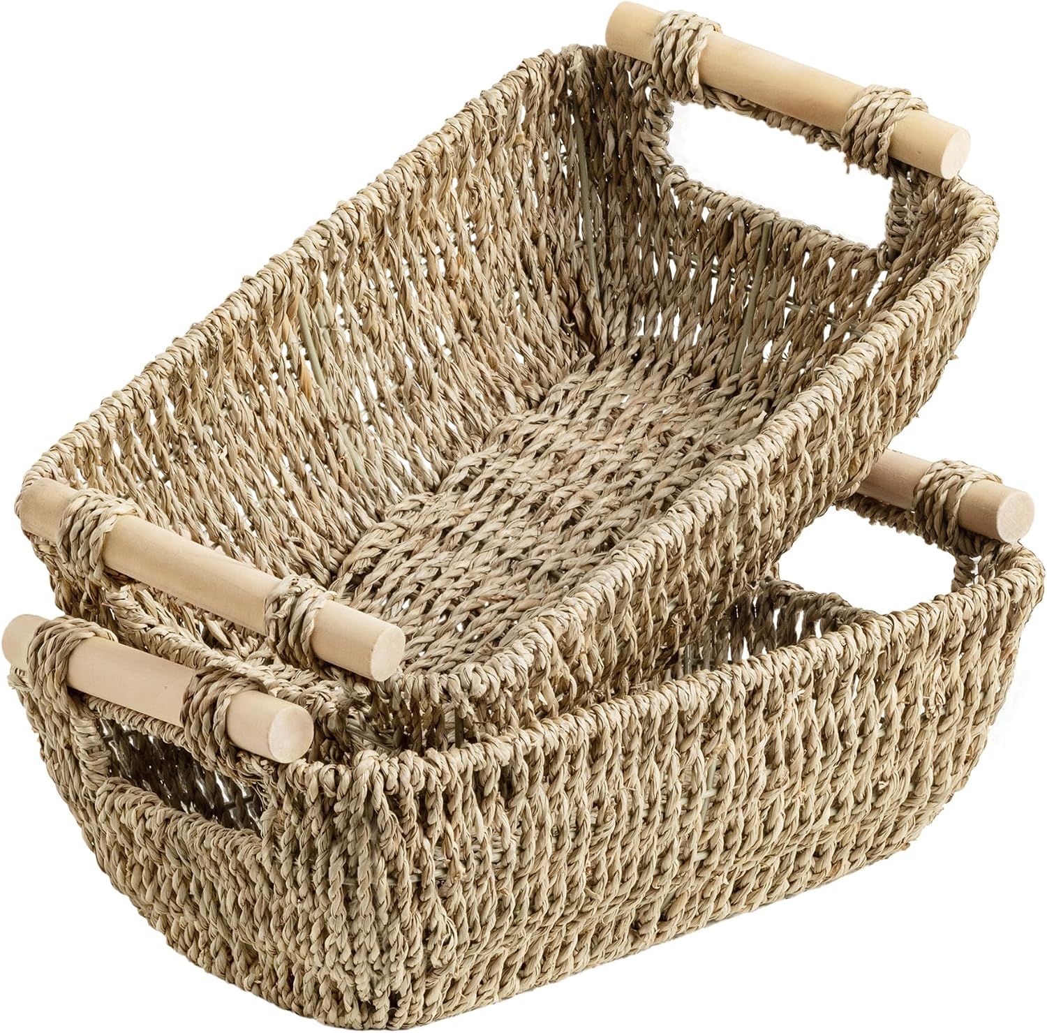 Hand-Woven Large Storage Baskets with Wooden Handles, Water Hyacinth Wicker Baskets for Organizing