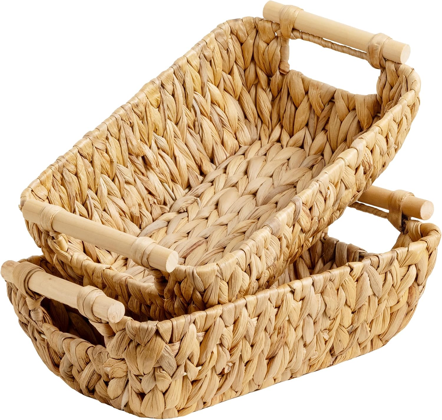 Hand-Woven Large Storage Baskets with Wooden Handles, Water Hyacinth Wicker Baskets for Organizing