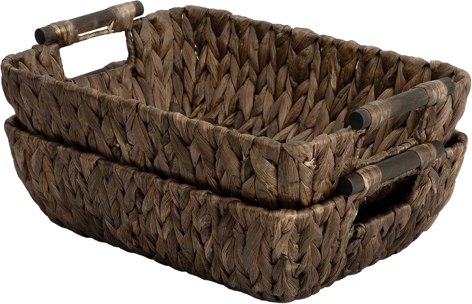 Hand-Woven Large Storage Baskets with Wooden Handles, Water Hyacinth Wicker Baskets for Organizing