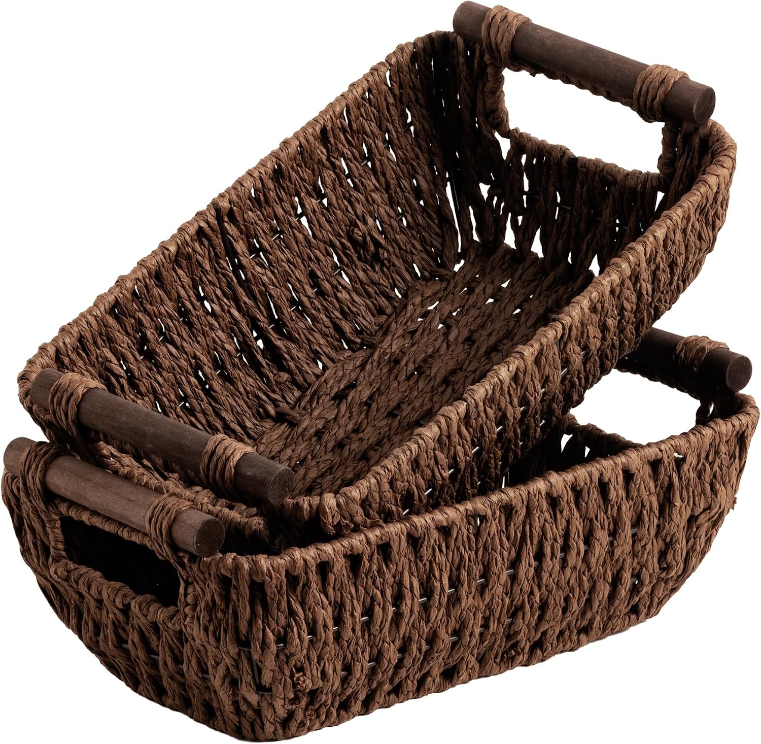 Hand-Woven Large Storage Baskets with Wooden Handles, Water Hyacinth Wicker Baskets for Organizing