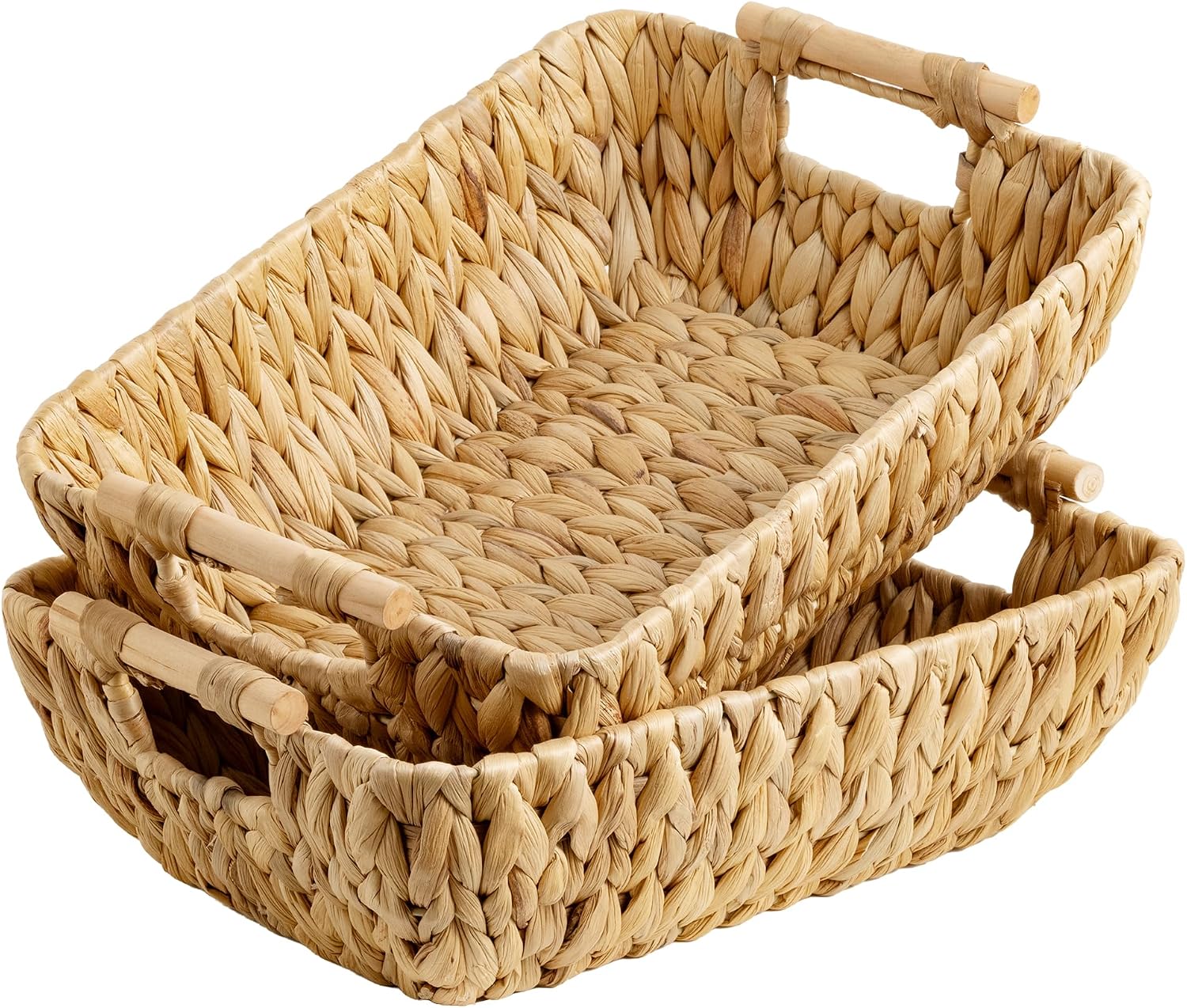 Hand-Woven Large Storage Baskets with Wooden Handles, Water Hyacinth Wicker Baskets for Organizing
