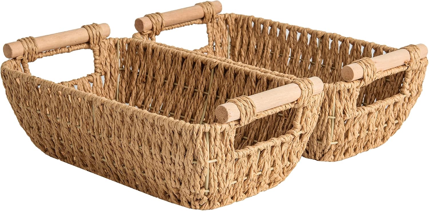 Hand-Woven Large Storage Baskets with Wooden Handles, Water Hyacinth Wicker Baskets for Organizing