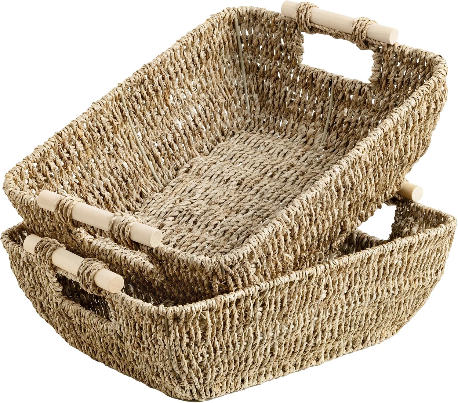 Hand-Woven Large Storage Baskets with Wooden Handles, Water Hyacinth Wicker Baskets for Organizing