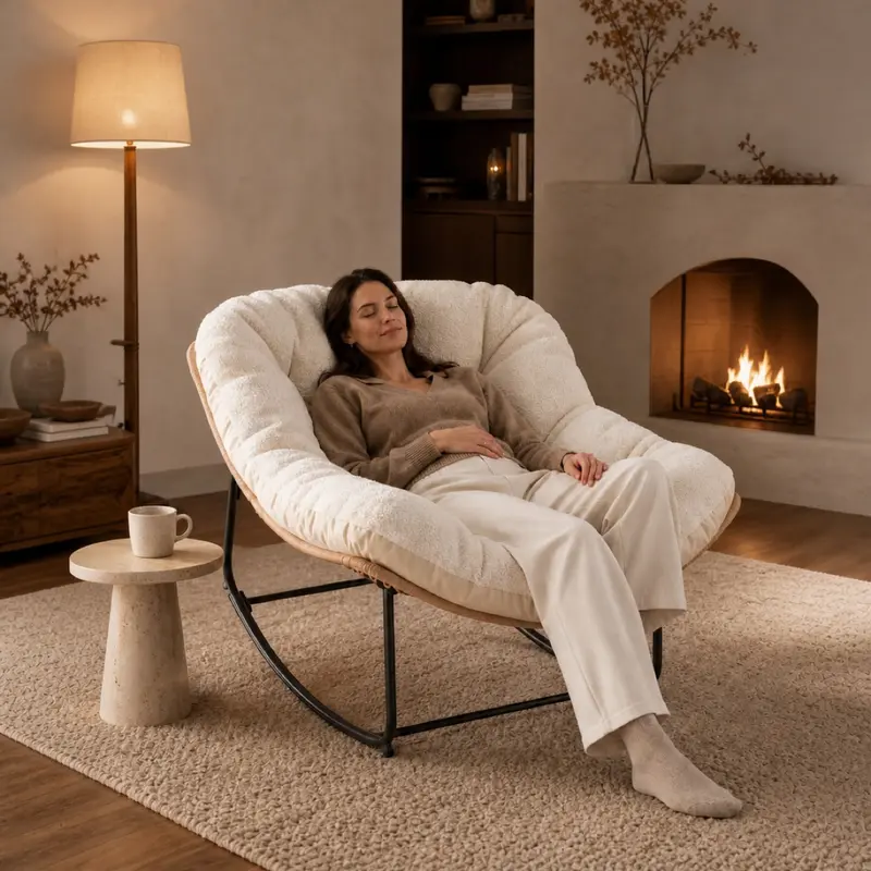 Oversized Indoor Outdoor Rocking Chairs, Comfy Papasan Rocking Chair with Padded Cushion, Rattan Wicker Lounge Chair, Modern Reading Accent Chair for Balcony Garden, LivingRoom Furniture,Christmas Gift