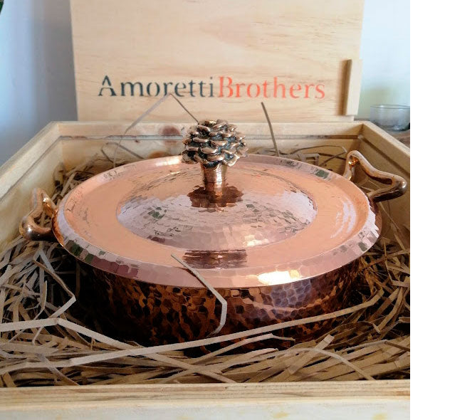 Amoretti Brothers hammered copper cookware with flower lid