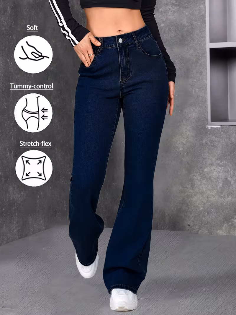 women blue flared jeans high   stretch denim pants soft     silhouette   trendy   versatile casual attire chic look durable quality easy matching figure flattering essential casual denim bottoms Product details 0