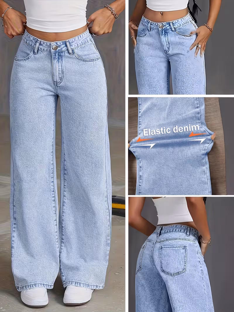 fashionable straight leg jeans for women that offer a relaxed and comfortable wide leg design light washed jeans come with pockets and are perfect for elegant occasions featuring a high waisted form fitting style Product details 1