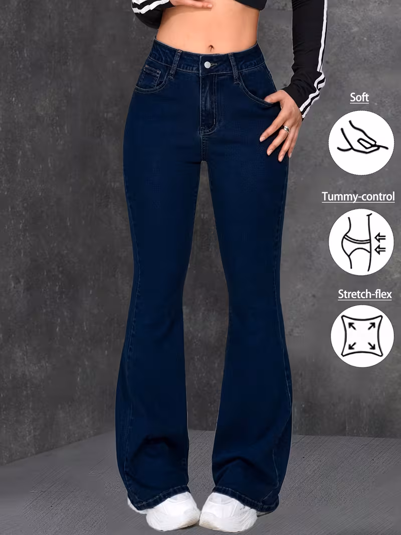 women blue flared jeans high   stretch denim pants soft     silhouette   trendy   versatile casual attire chic look durable quality easy matching figure flattering essential casual denim bottoms Product details 1