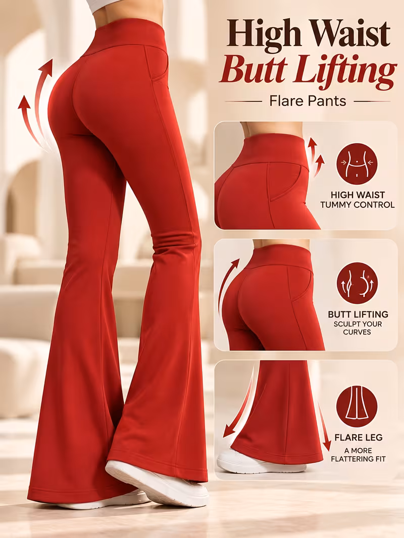 4 pack womens high waist fleece lined flared yoga pants stretchy   trousers with pockets solid thermal flare leggings for workout and daily wear Product details 5