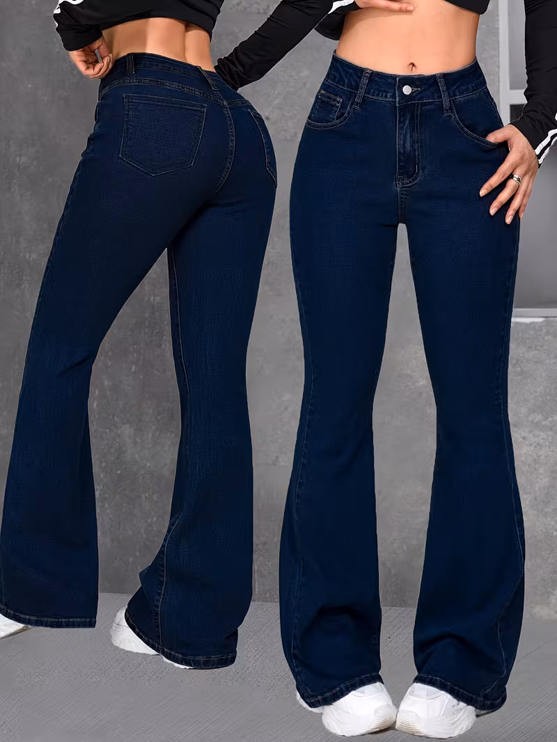 women blue flared jeans high   stretch denim pants soft     silhouette   trendy   versatile casual attire chic look durable quality easy matching figure flattering essential casual denim bottoms Product details 3
