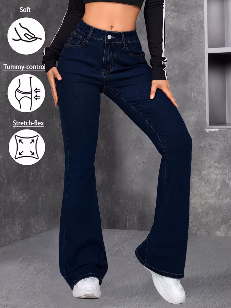 women blue flared jeans high   stretch denim pants soft     silhouette   trendy   versatile casual attire chic look durable quality easy matching figure flattering essential casual denim bottoms Product details 2