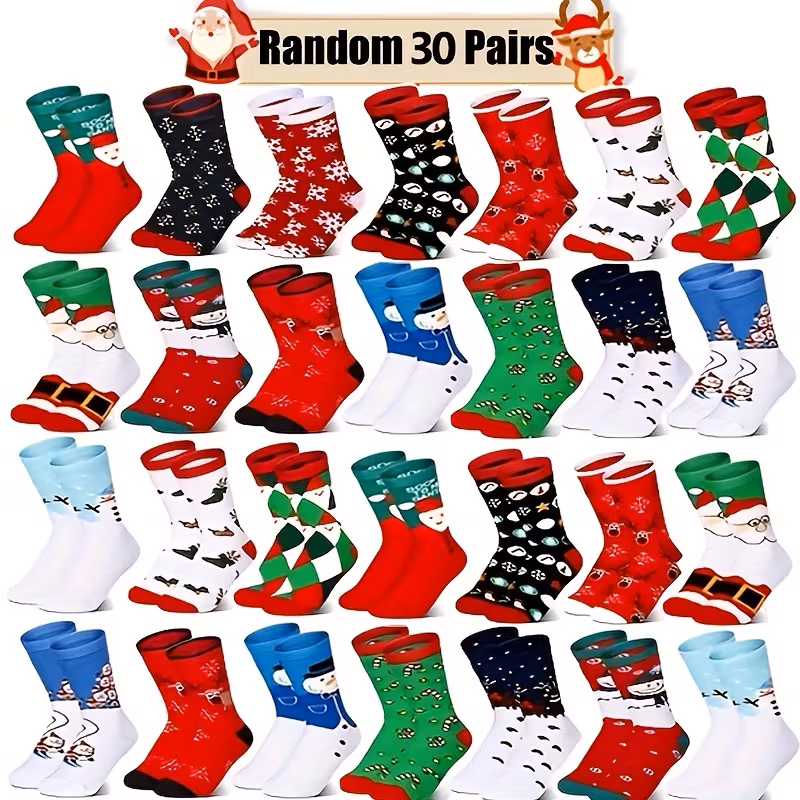 30 pairs of random christmas socks fun reindeer snowflakes santa claus christmas tree gingerbread reindeer warm socks cartoon pattern christmas gift for men and women Product details 0