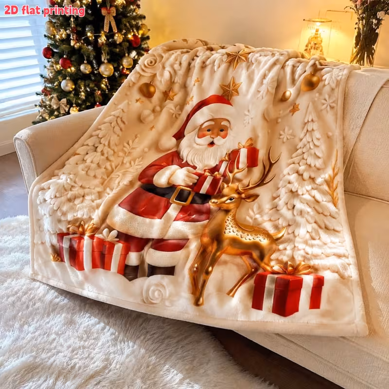 2d flat 1pc santa and reindeer printed flannel blanket festive atmosphere design cozy and warm for sofa sofa bed and christmas decor perfect gift for enhancing winter ambiance Product details 2
