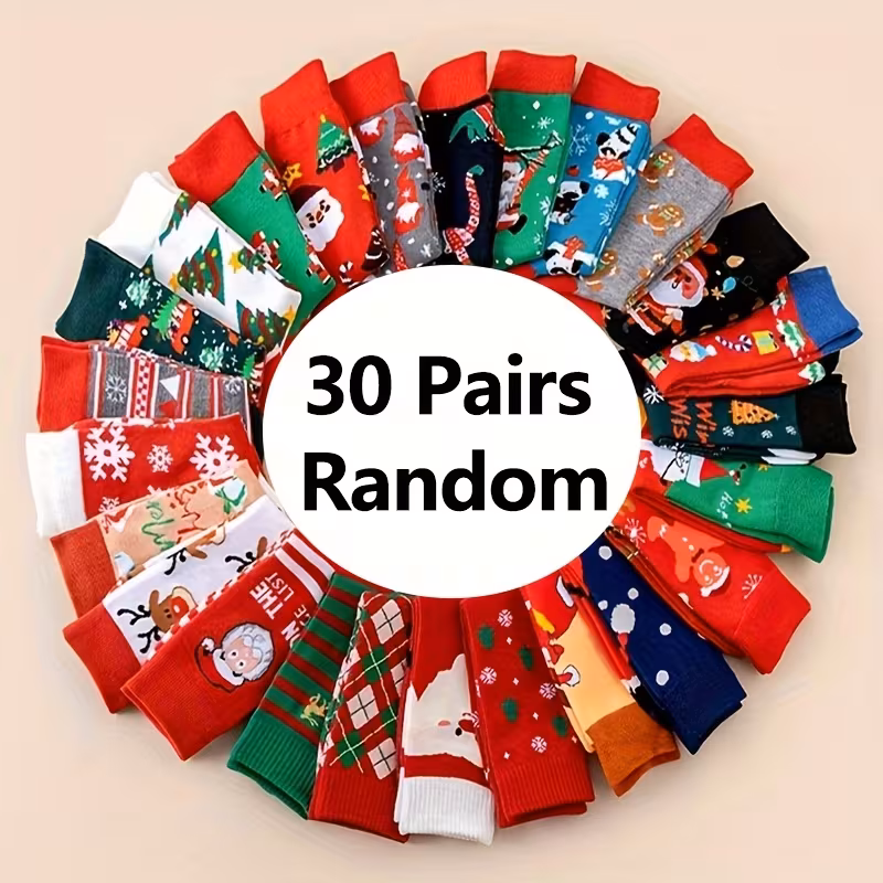 30 pairs of random christmas socks fun reindeer snowflakes santa claus christmas tree gingerbread reindeer warm socks cartoon pattern christmas gift for men and women Product details 3