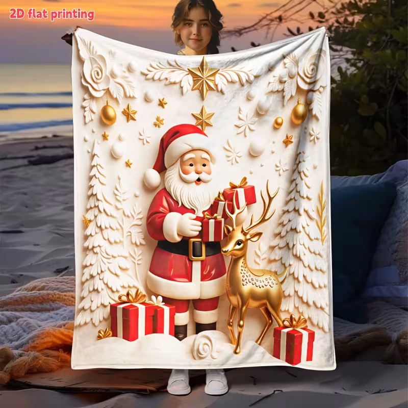 2D Flat 1pc Santa And Reindeer Printed Flannel Blanket - Festive Atmosphere Design, Cozy And Warm for Sofa, Sofa Bed, And Christmas Decor, Perfect Gift for Family And Friends, Enhancing Winter Wonderland Ambiance