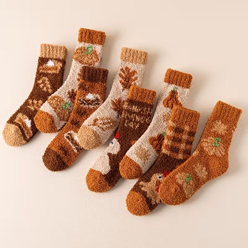 8 pairs womens fall thanksgiving fuzzy crew socks pumpkin turkey maple leaf print coral fleece fluffy home socks for thick warm non slip plush sleeping socks for autumn winter indoor lounging holiday gift Product details 0
