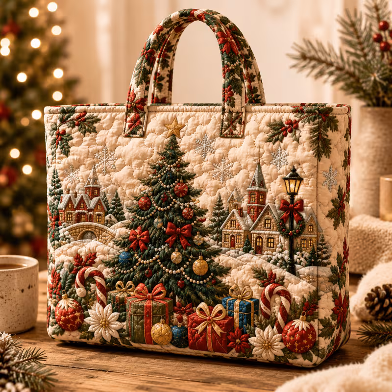 christmas quilted tote bag for women gift print large capacity wide handbag lightweight shoulder bag for shopping travel winter parties and christmas presents Product details 1