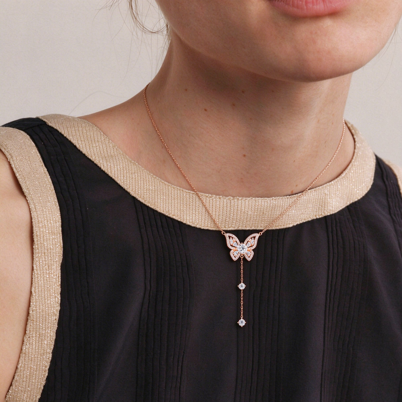 S925 Silver Butterfly Y-Drop Moissanite Necklace, Adjustable Tassel Clavicle Chain Jewelry