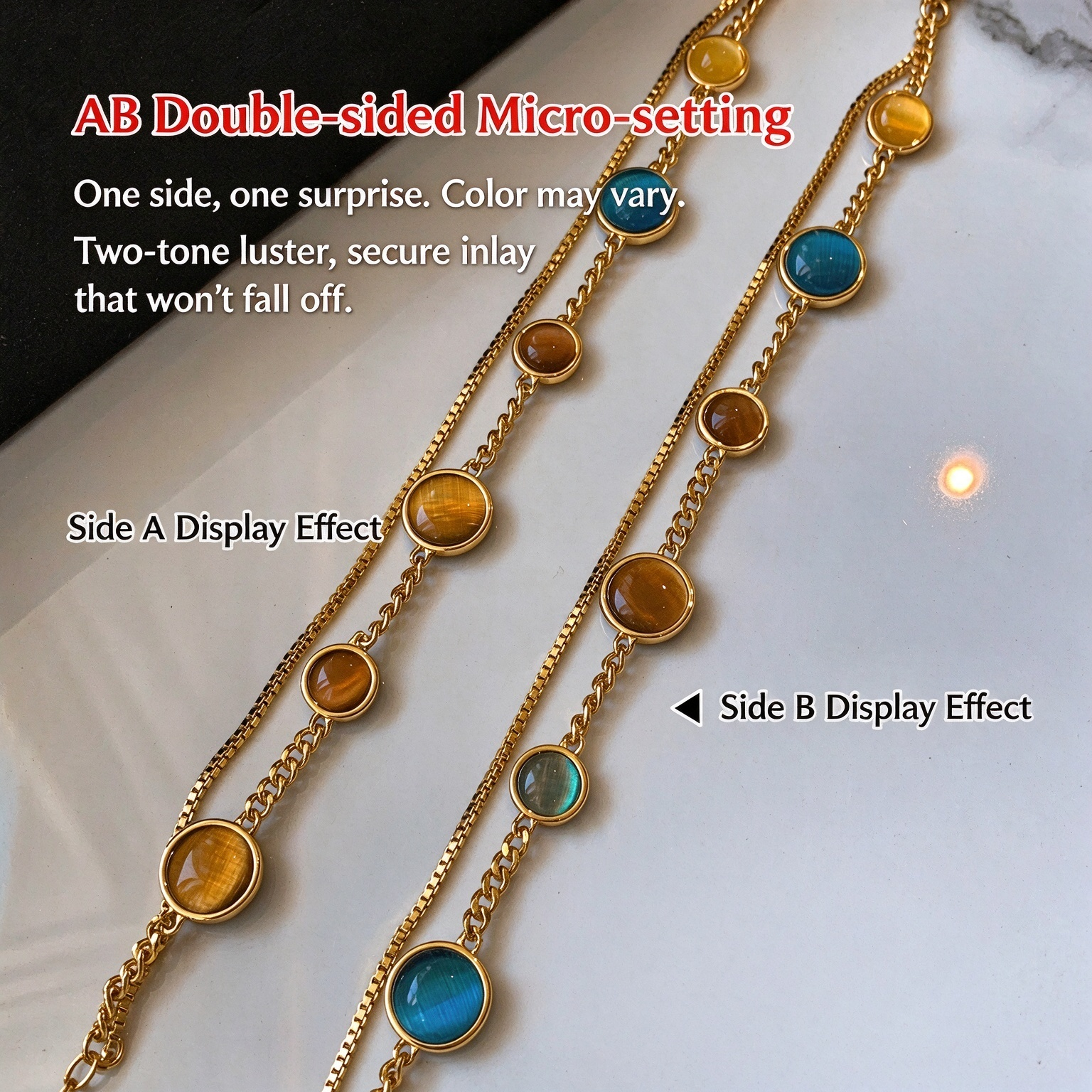 Colorful Double-Layer Cat's Eye Bracelet | Dopamine-Style Stackable Gold-Plated Bracelet