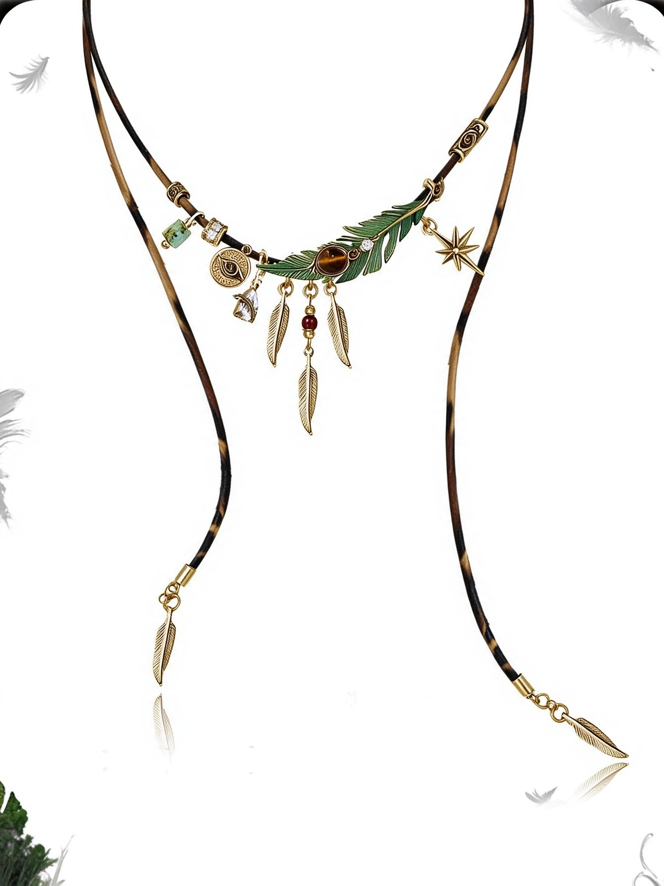 Bohemian Hand-Braided Long Green Feather Necklace | Vintage Ethnic Woven Lariat Y-Necklace