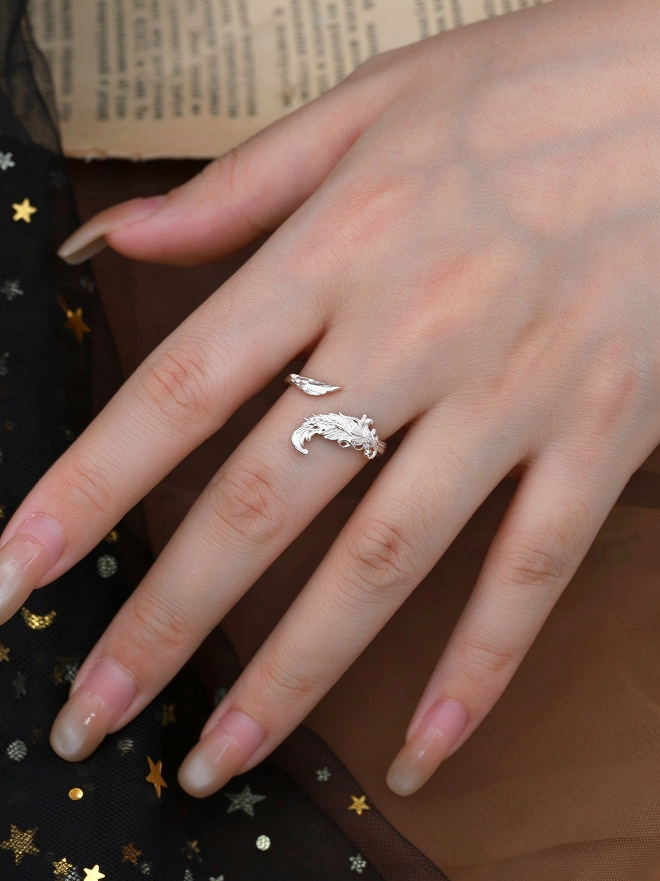 Premium Brushed Texture Feather Open Ring | Minimalist Adjustable Couple Statement Ring