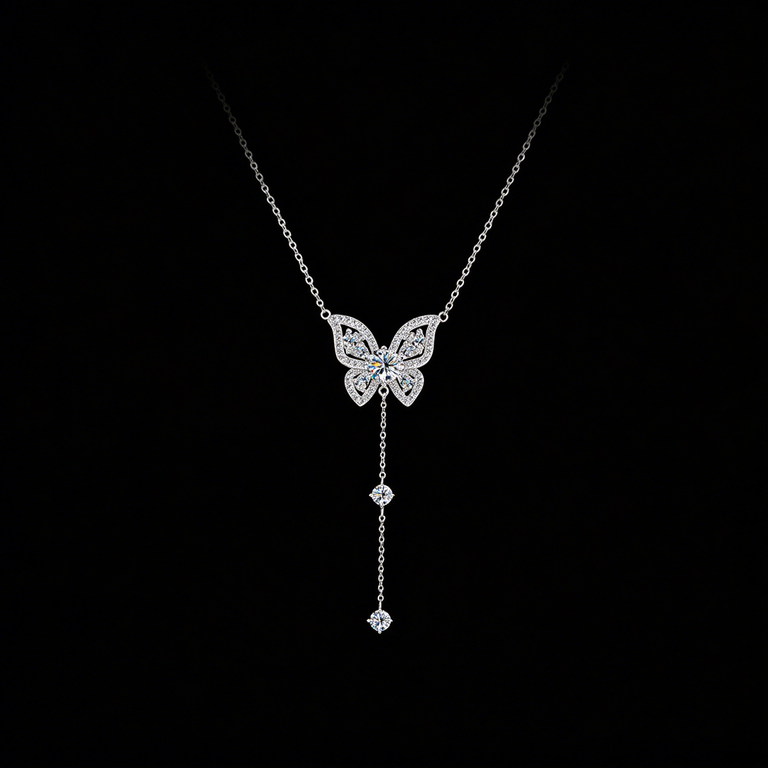 S925 Silver Butterfly Y-Drop Moissanite Necklace, Adjustable Tassel Clavicle Chain Jewelry