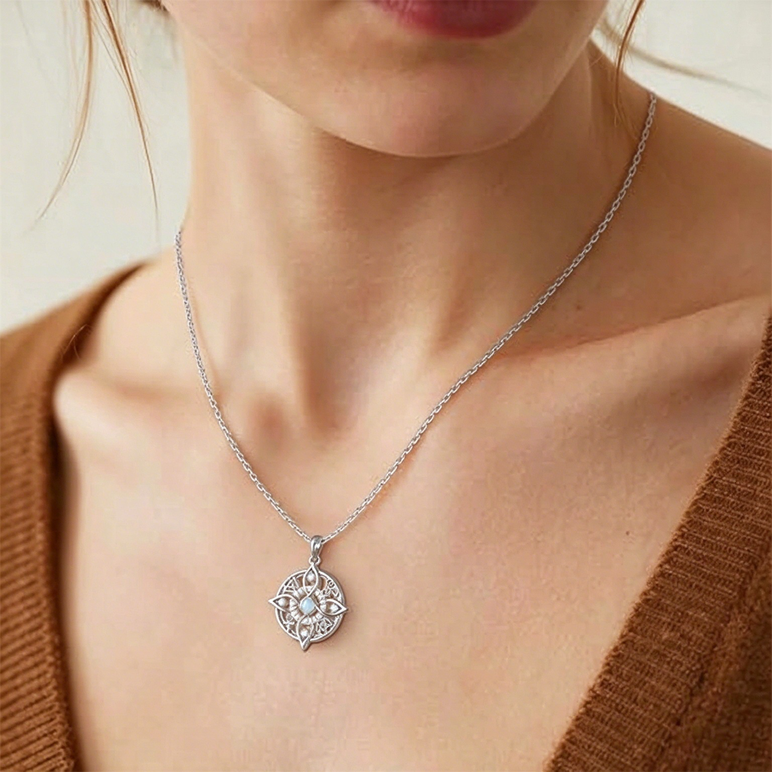 S925 Silver Mystic Celtic Symbol Moonstone Necklace, Witchy Protection Amulet Pendan