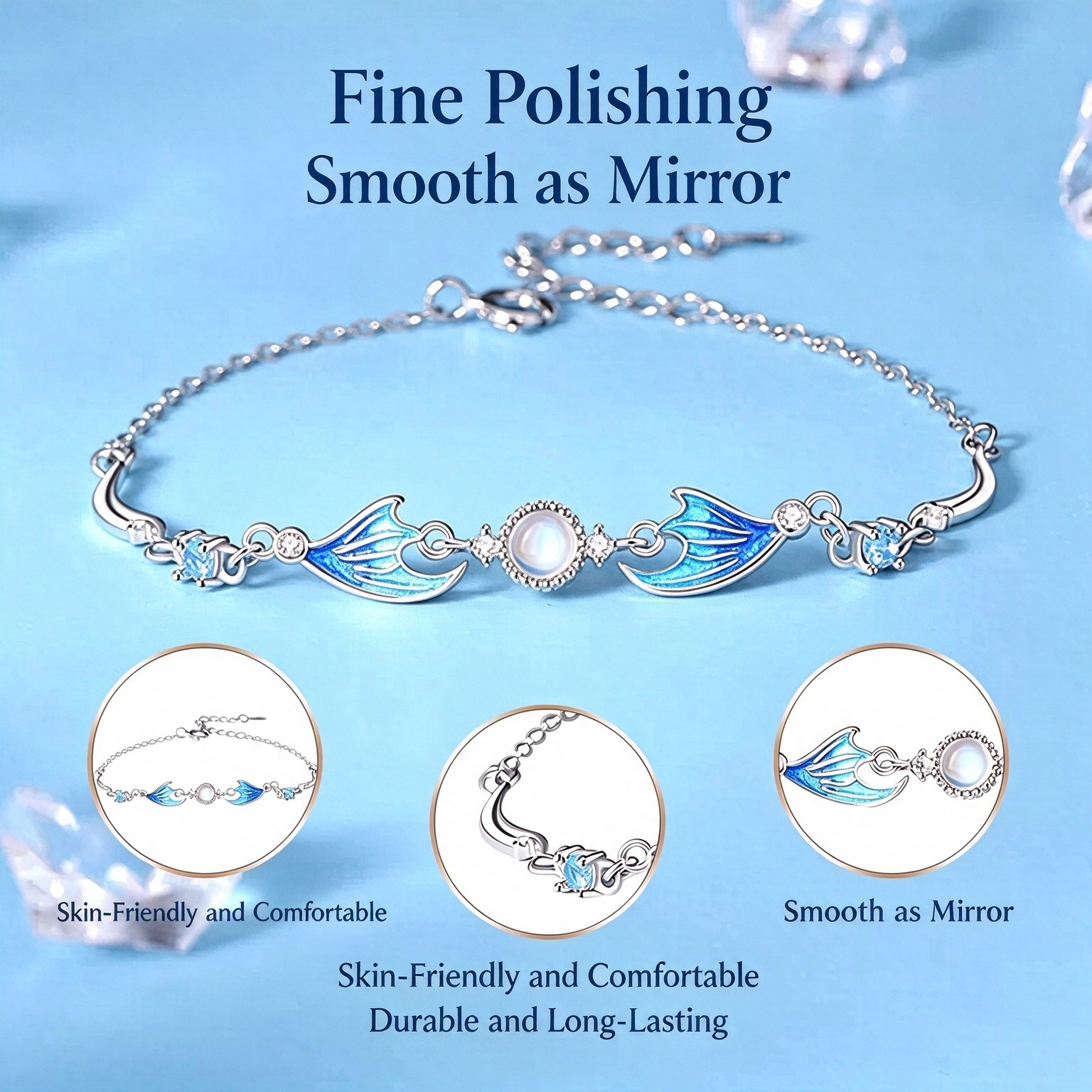 S925 Sterling Silver Moonstone Mermaid Tail Bracelet | Premium Symmetrical Gradient Enamel Bangle Gift for Women