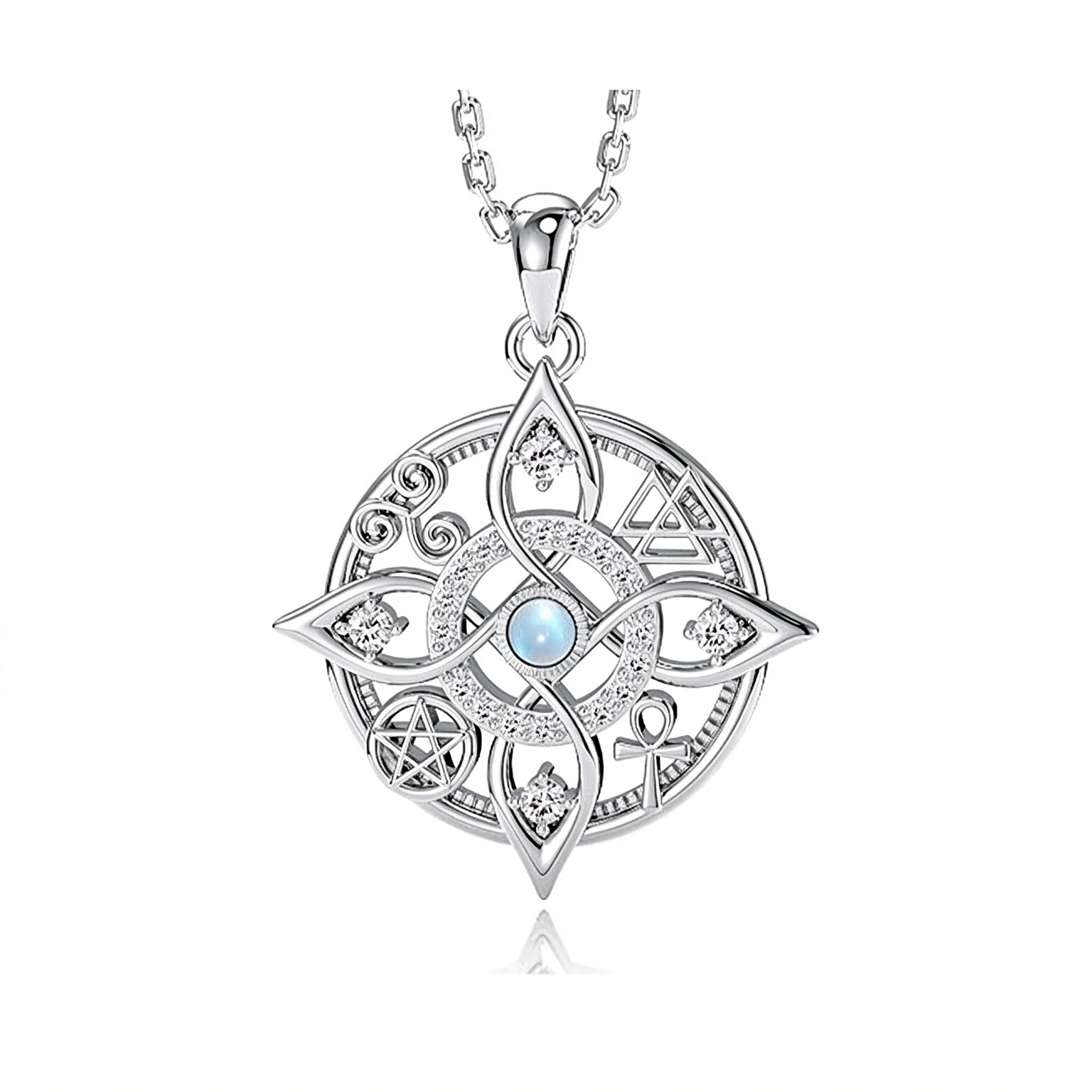 S925 Silver Mystic Celtic Symbol Moonstone Necklace, Witchy Protection Amulet Pendan