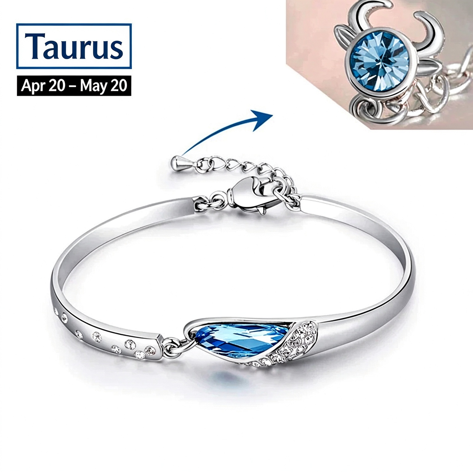 Blue Crystal Zodiac Bangle Bracelet for Women Silver Tone 12 Horoscope Charms Elegant Birthday Gift