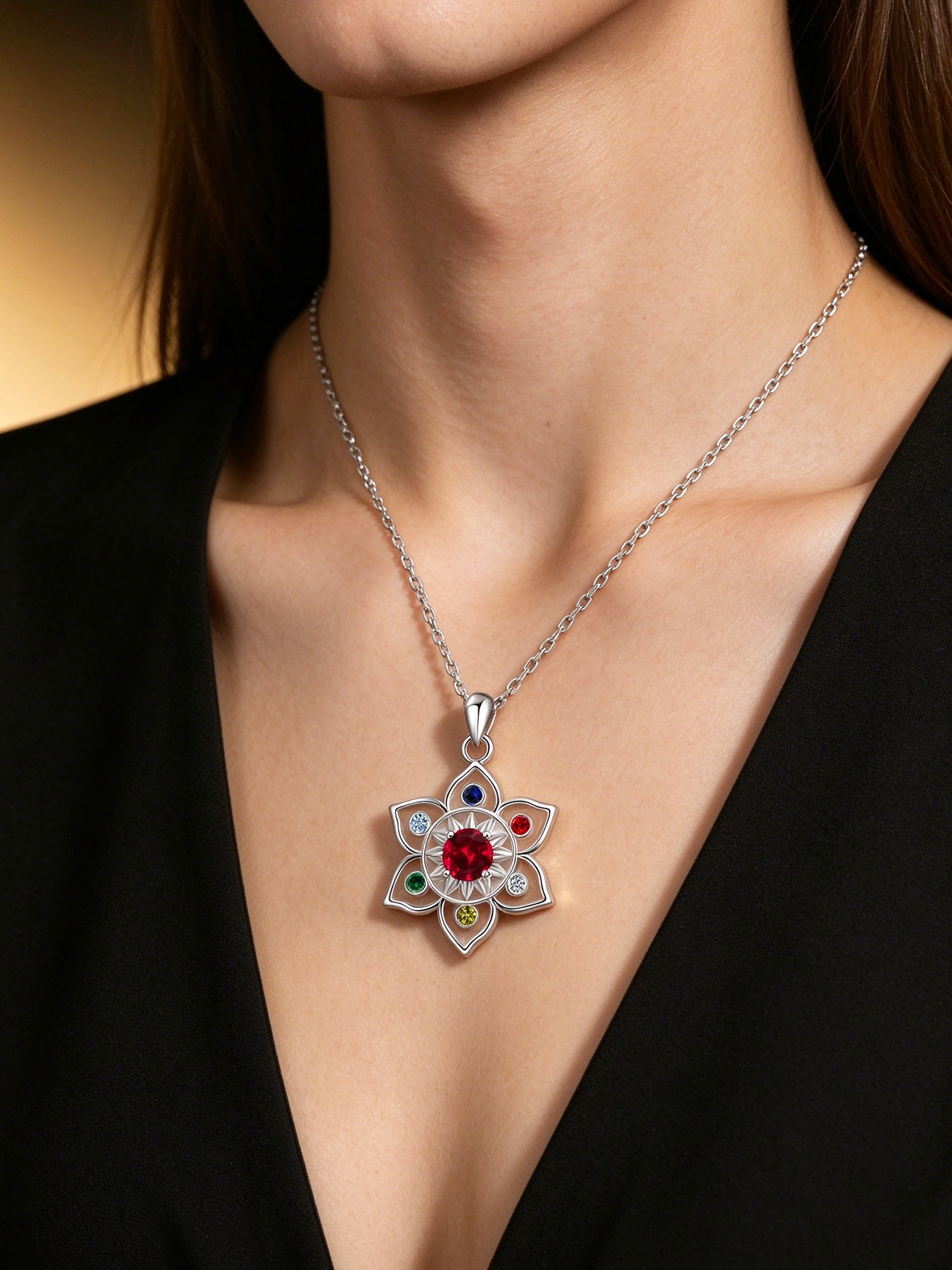S925 Sterling Silver Chakra Lotus Birthstone Necklace