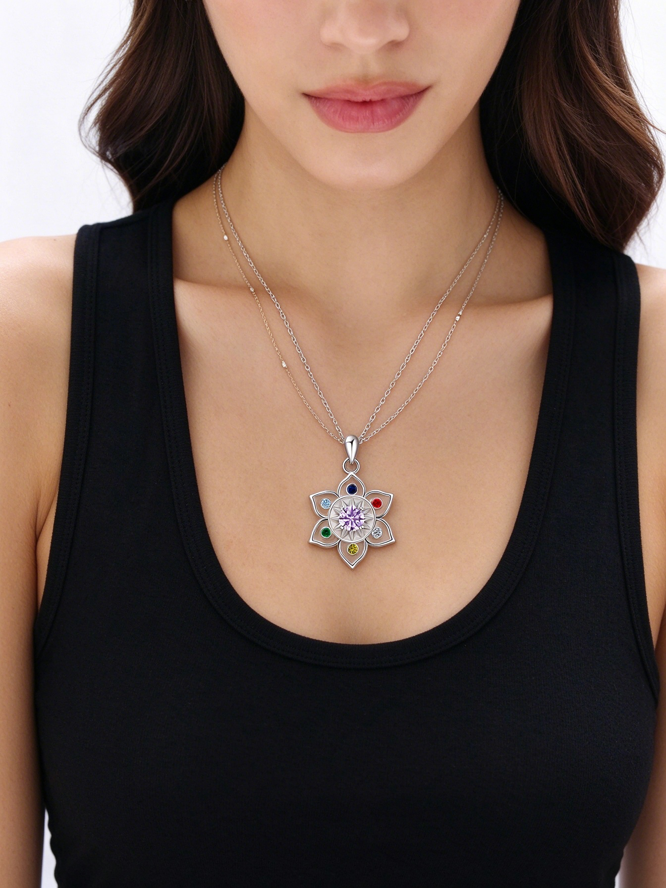 S925 Sterling Silver Chakra Lotus Birthstone Necklace