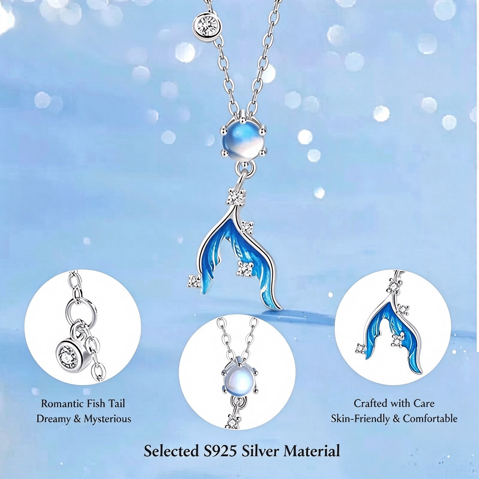  S925 Sterling Silver Moonstone Fishtail Collar Necklace | Premium Gradient Enamel Pendant Necklace Gift for Women