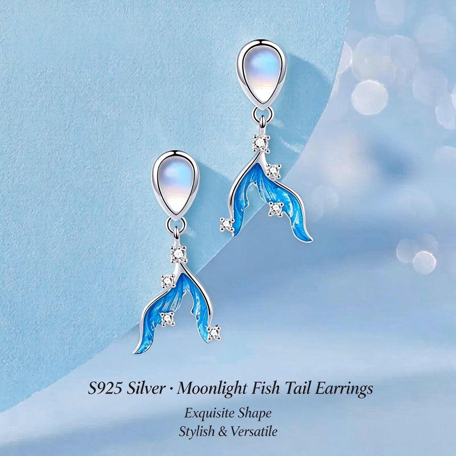  S925 Sterling Silver Moonstone Fishtail Collar Necklace | Premium Gradient Enamel Pendant Necklace Gift for Women