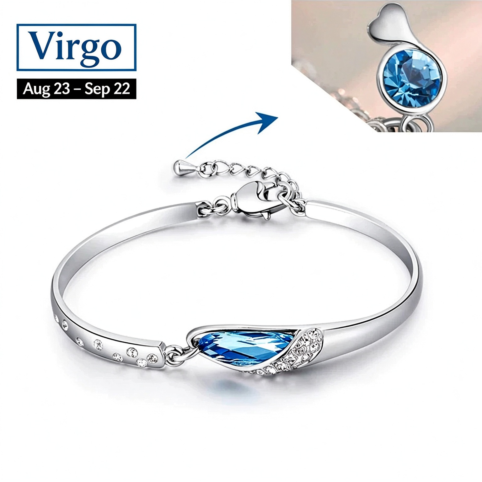 Blue Crystal Zodiac Bangle Bracelet for Women Silver Tone 12 Horoscope Charms Elegant Birthday Gift