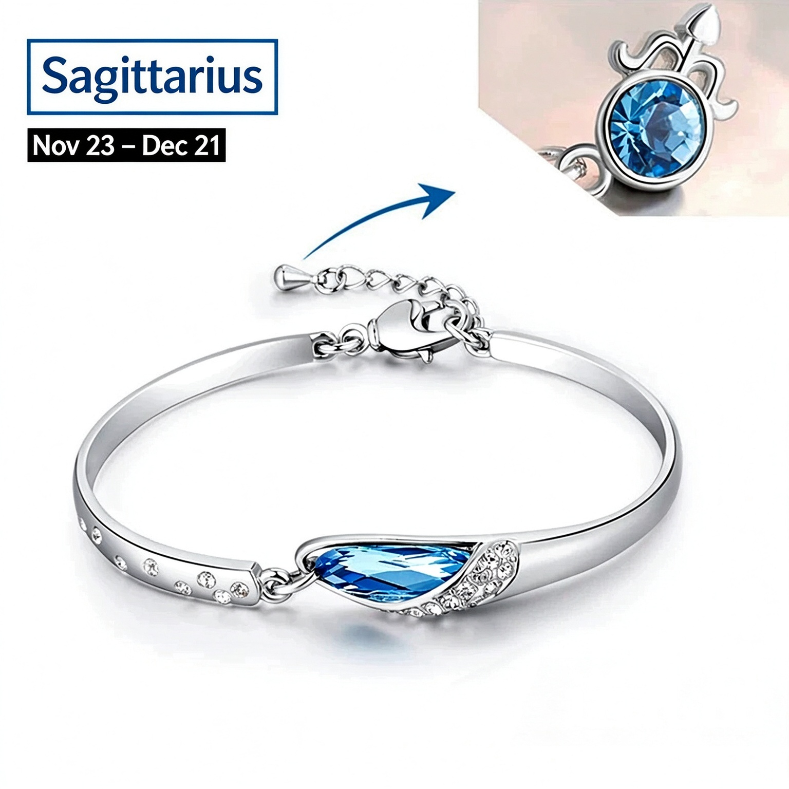 Blue Crystal Zodiac Bangle Bracelet for Women Silver Tone 12 Horoscope Charms Elegant Birthday Gift