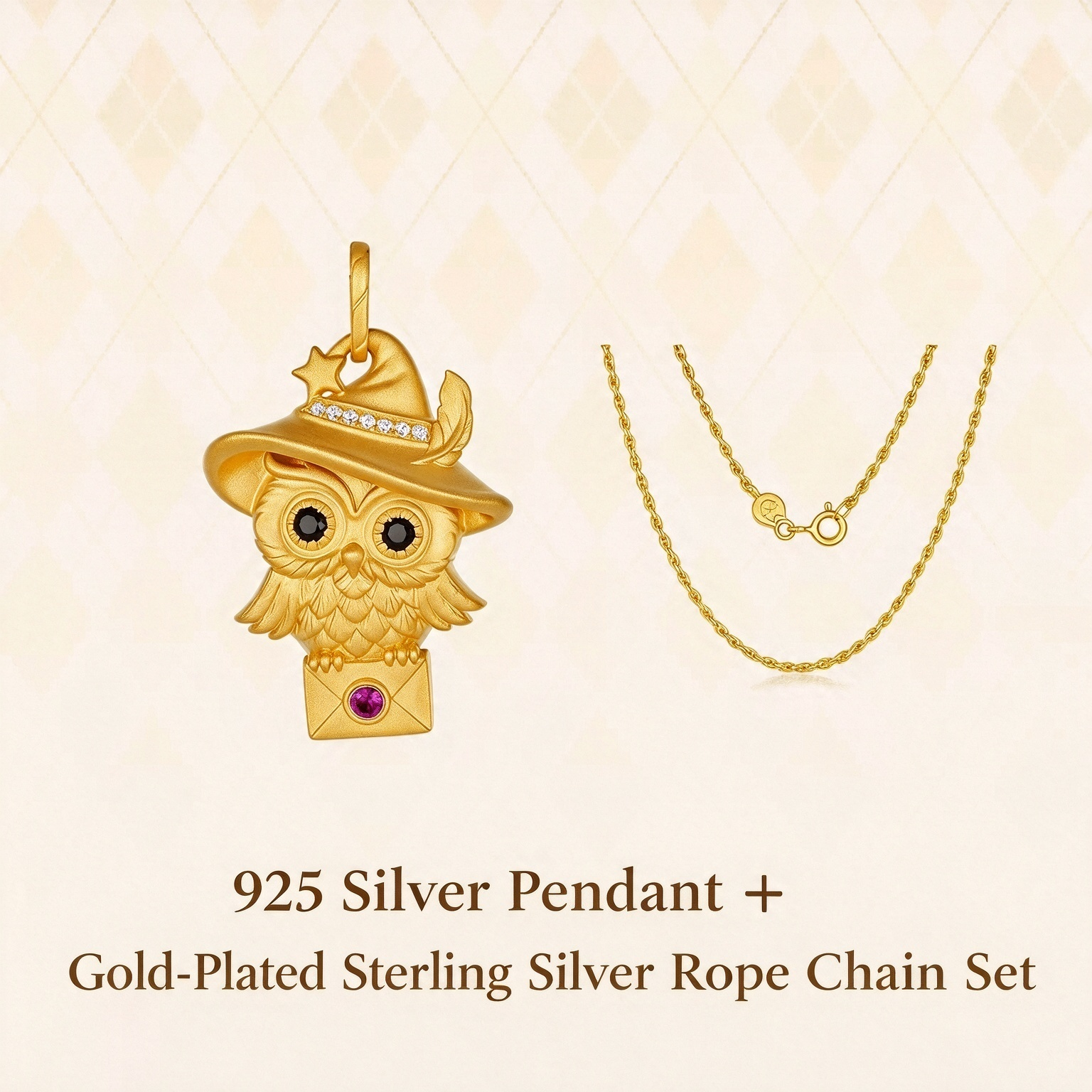 S925 Sterling Silver Gold-Plated Owl Mailman Pendant Necklace