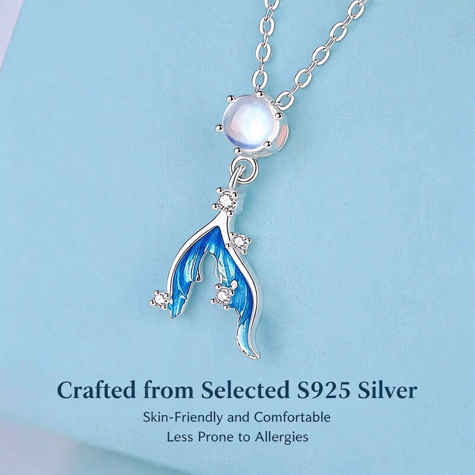  S925 Sterling Silver Moonstone Fishtail Collar Necklace | Premium Gradient Enamel Pendant Necklace Gift for Women