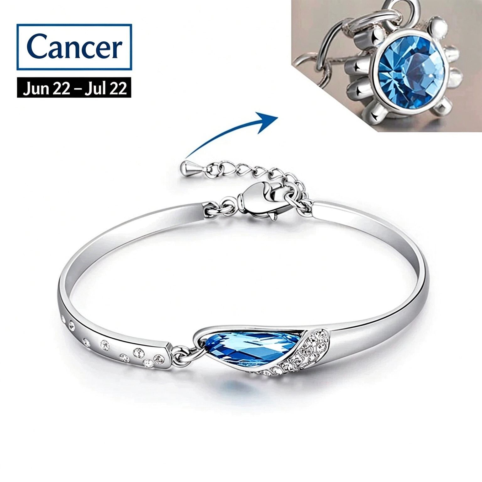 Blue Crystal Zodiac Bangle Bracelet for Women Silver Tone 12 Horoscope Charms Elegant Birthday Gift