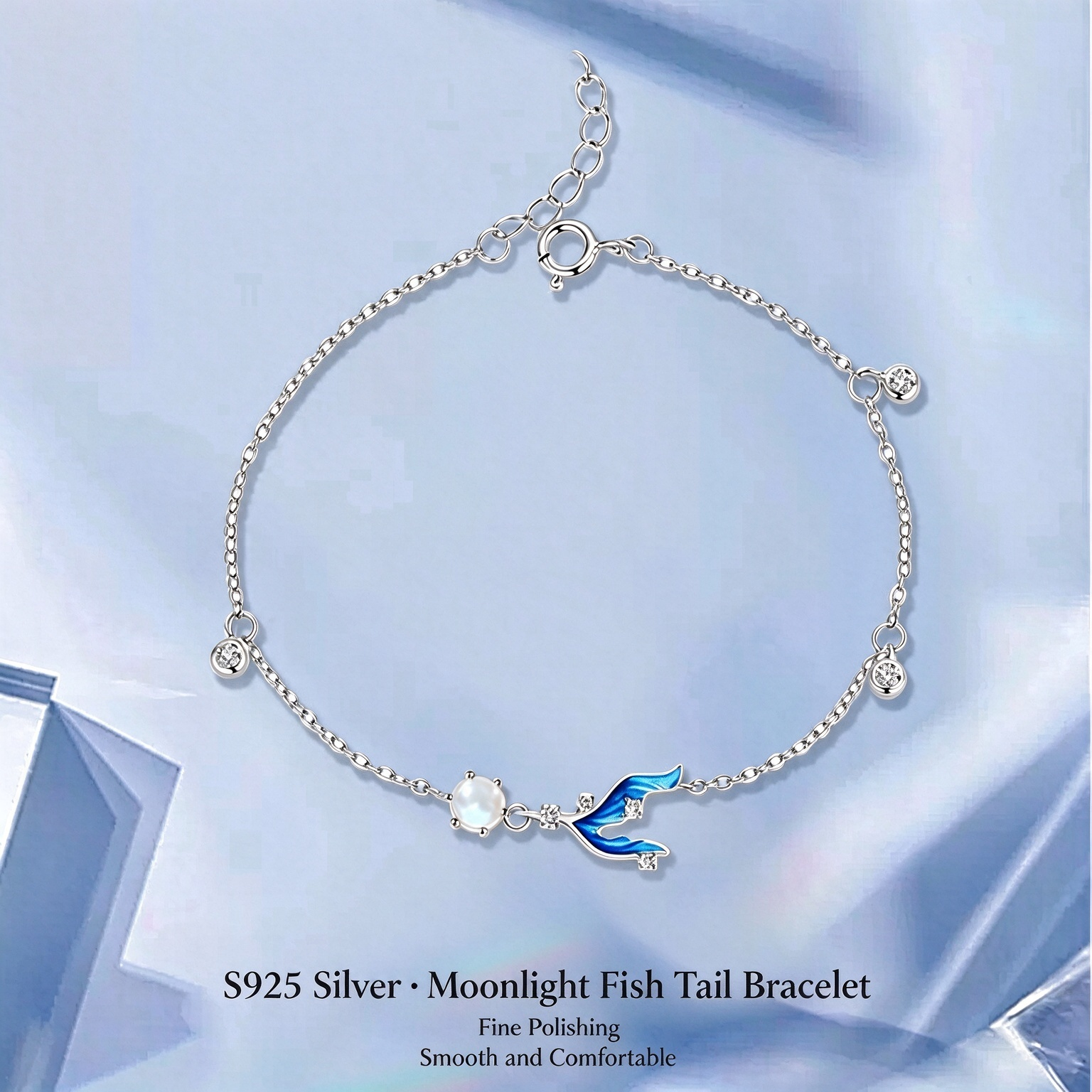  S925 Sterling Silver Moonstone Fishtail Collar Necklace | Premium Gradient Enamel Pendant Necklace Gift for Women