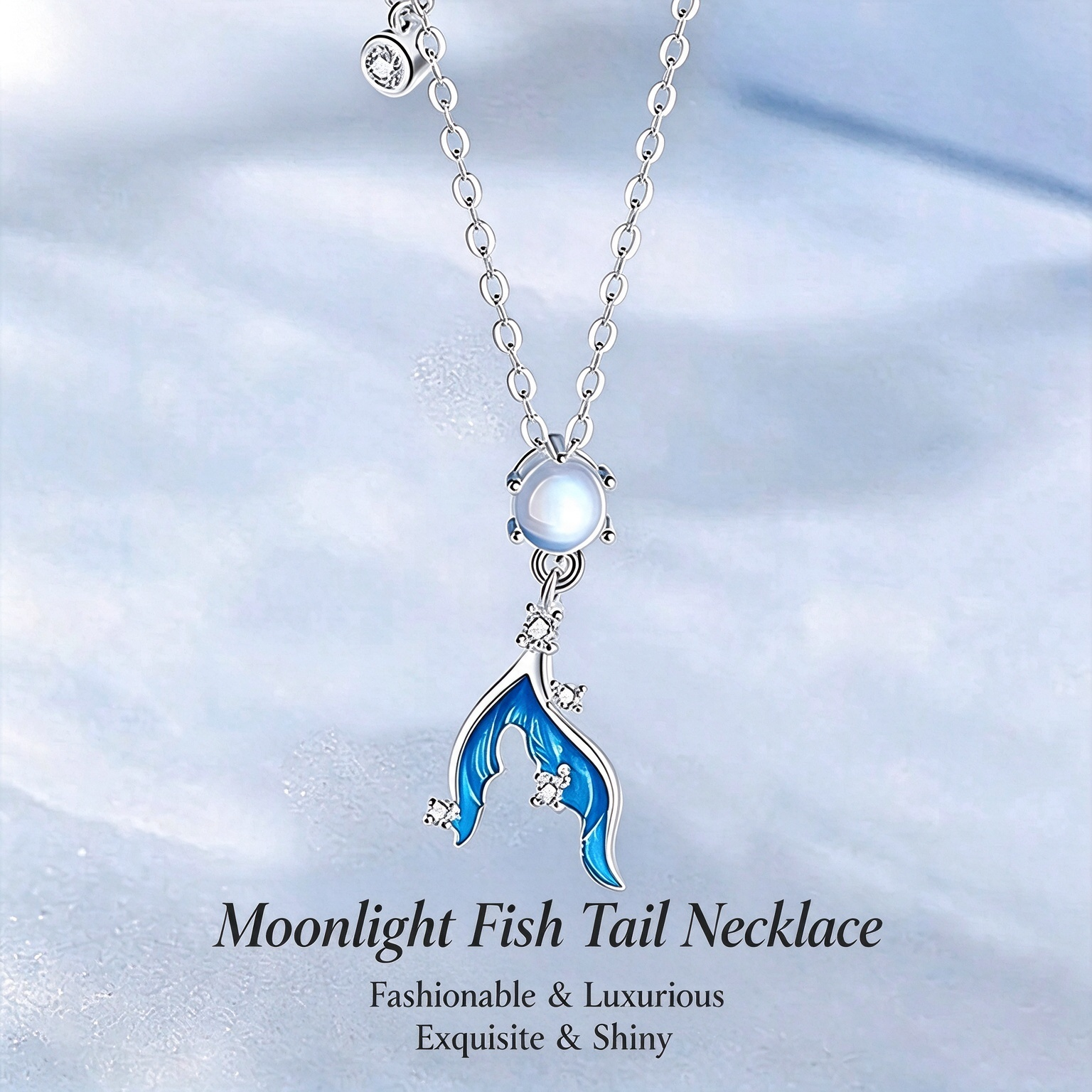  S925 Sterling Silver Moonstone Fishtail Collar Necklace | Premium Gradient Enamel Pendant Necklace Gift for Women