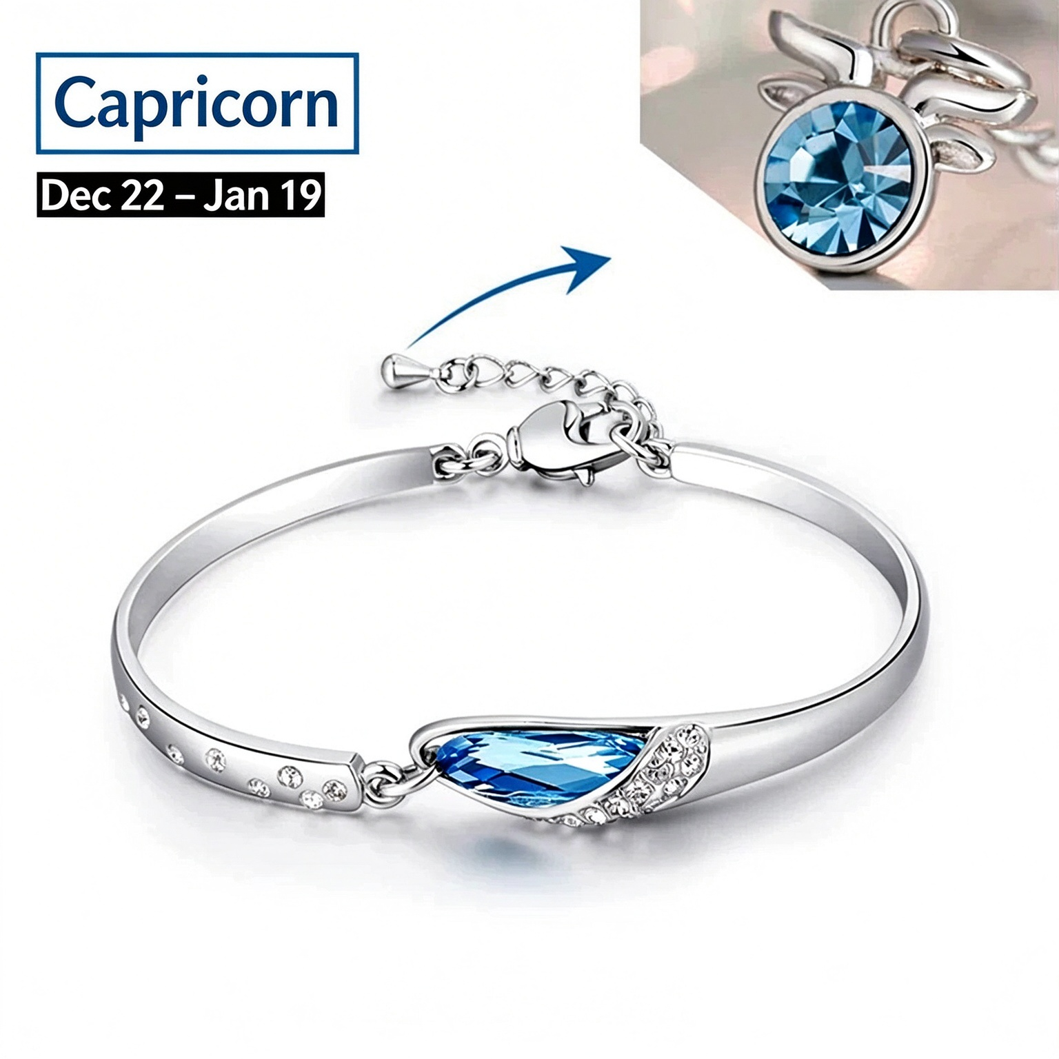Blue Crystal Zodiac Bangle Bracelet for Women Silver Tone 12 Horoscope Charms Elegant Birthday Gift