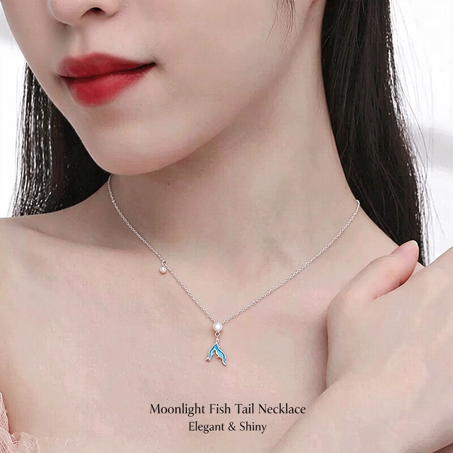  S925 Sterling Silver Moonstone Fishtail Collar Necklace | Premium Gradient Enamel Pendant Necklace Gift for Women