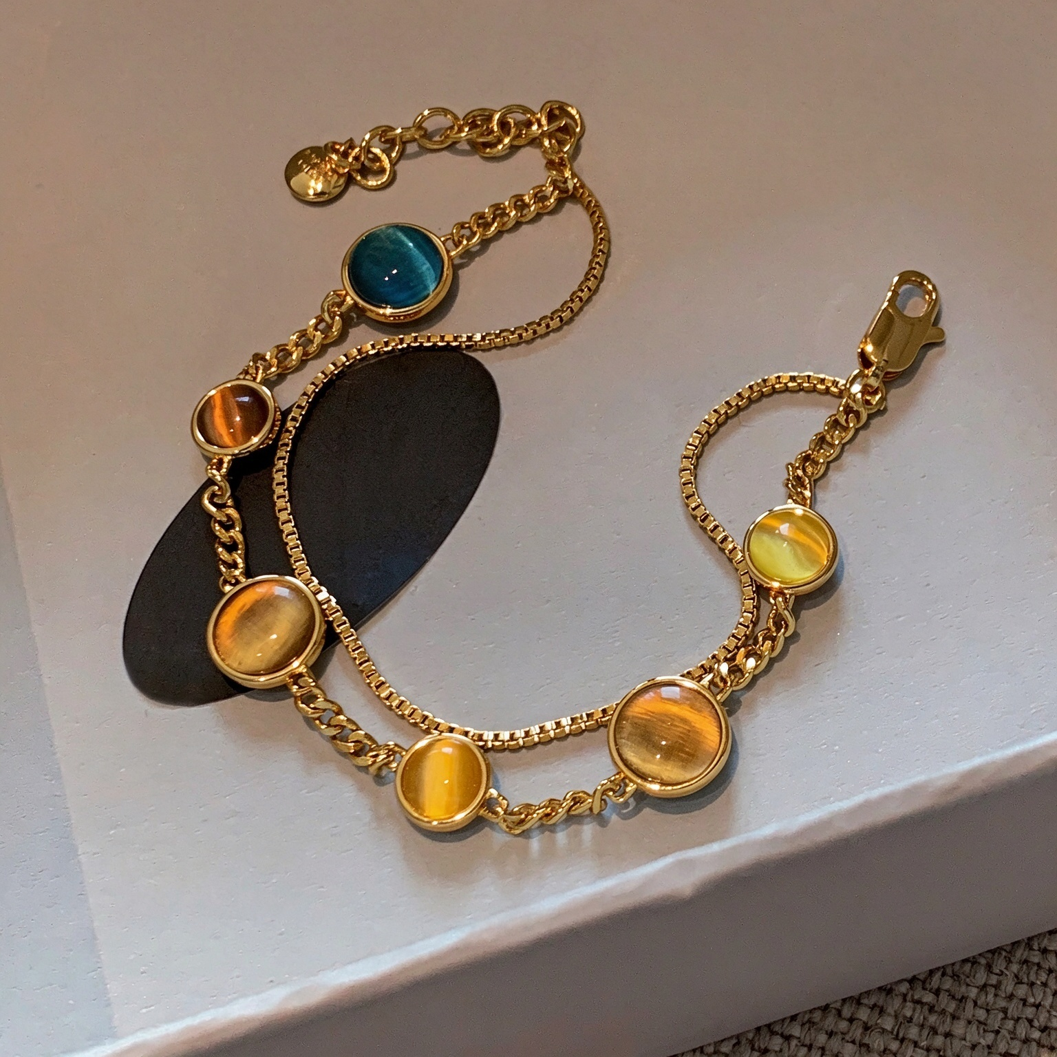 Colorful Double-Layer Cat's Eye Bracelet | Dopamine-Style Stackable Gold-Plated Bracelet